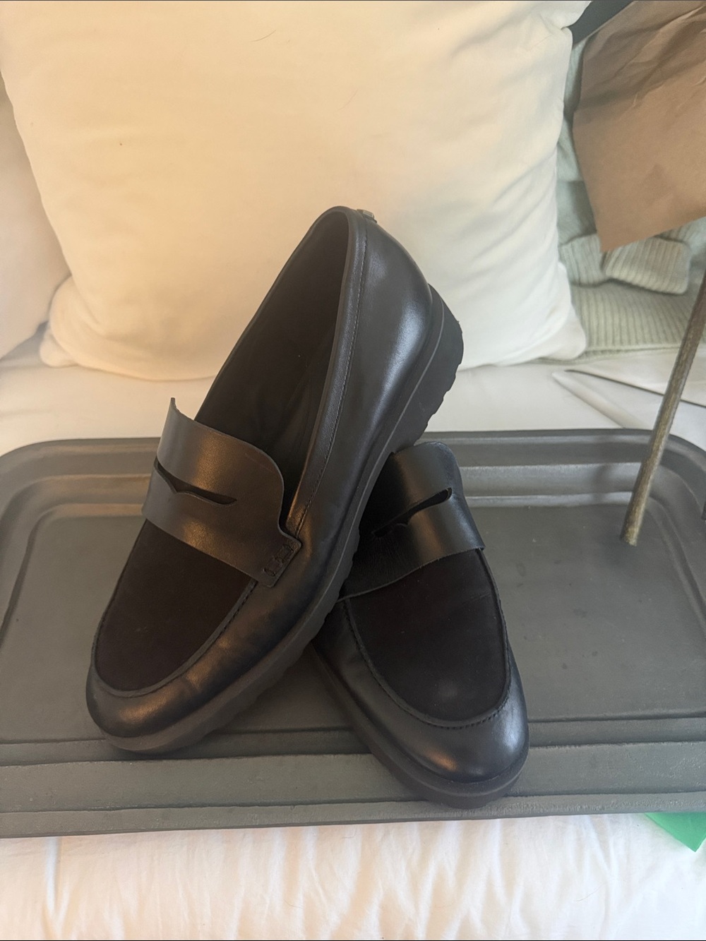 Cole Haan Black Leather and Suede Penny Loafers